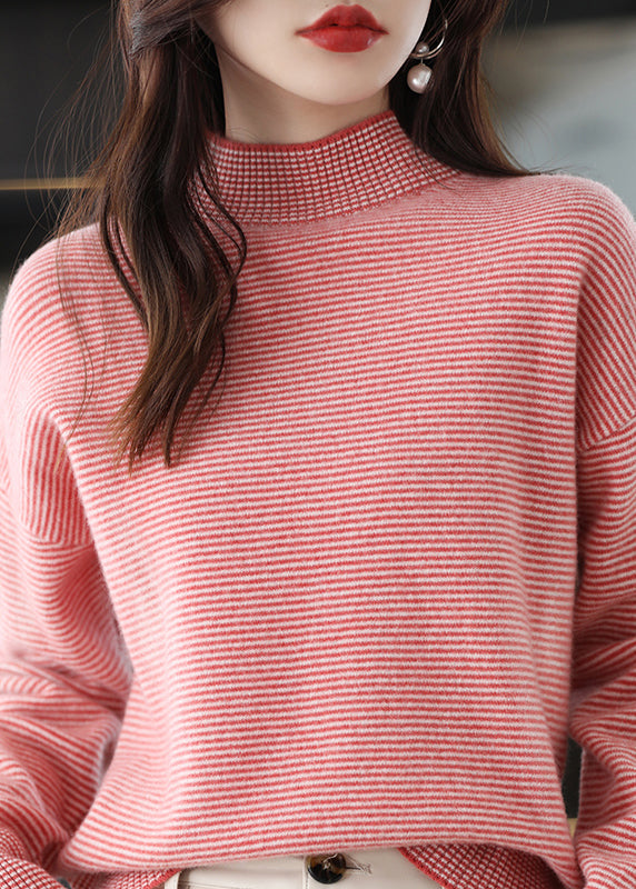 Black Turtleneck Striped Patchwork Woolen Knit Top Long Sleeve