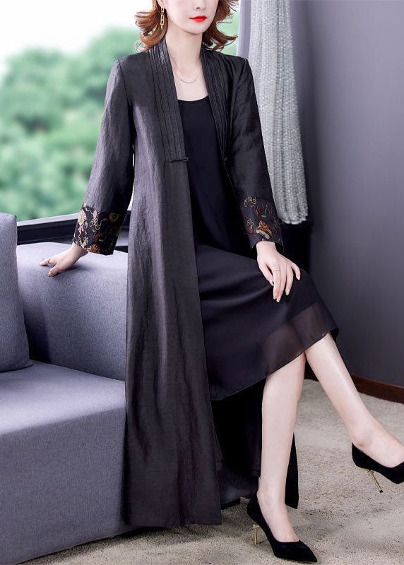 Black V Neck Patchwork Side Open Silk Trench Coats Fall