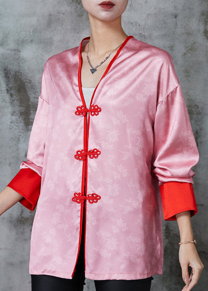 Pink Chinese Button Print Silk Blouse Tops Spring