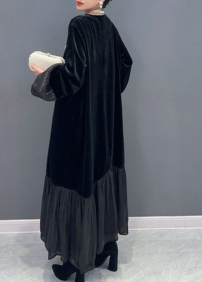 Black Tulle Patchwork Silk Velour Maxi Dress Fall