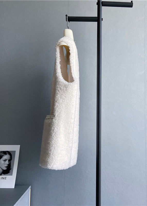 Beige V Neck Pockets Button Wool Vest Sleeveless