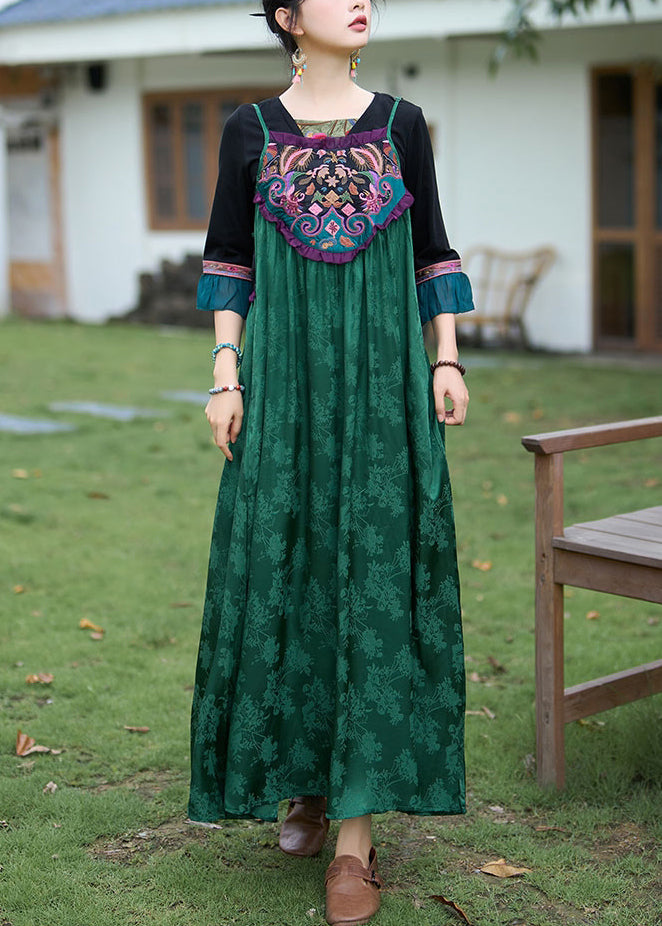 Green Embroidered Jacquard Silk Spaghetti Strap Dress Sleeveless