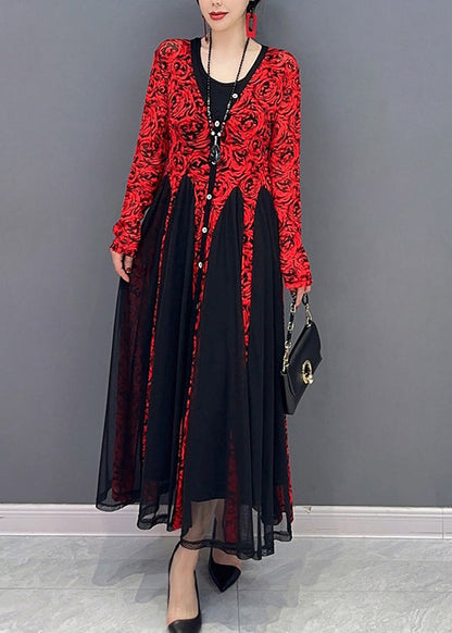 French Red O-neck Print Tulle Maxi Dresses Spring