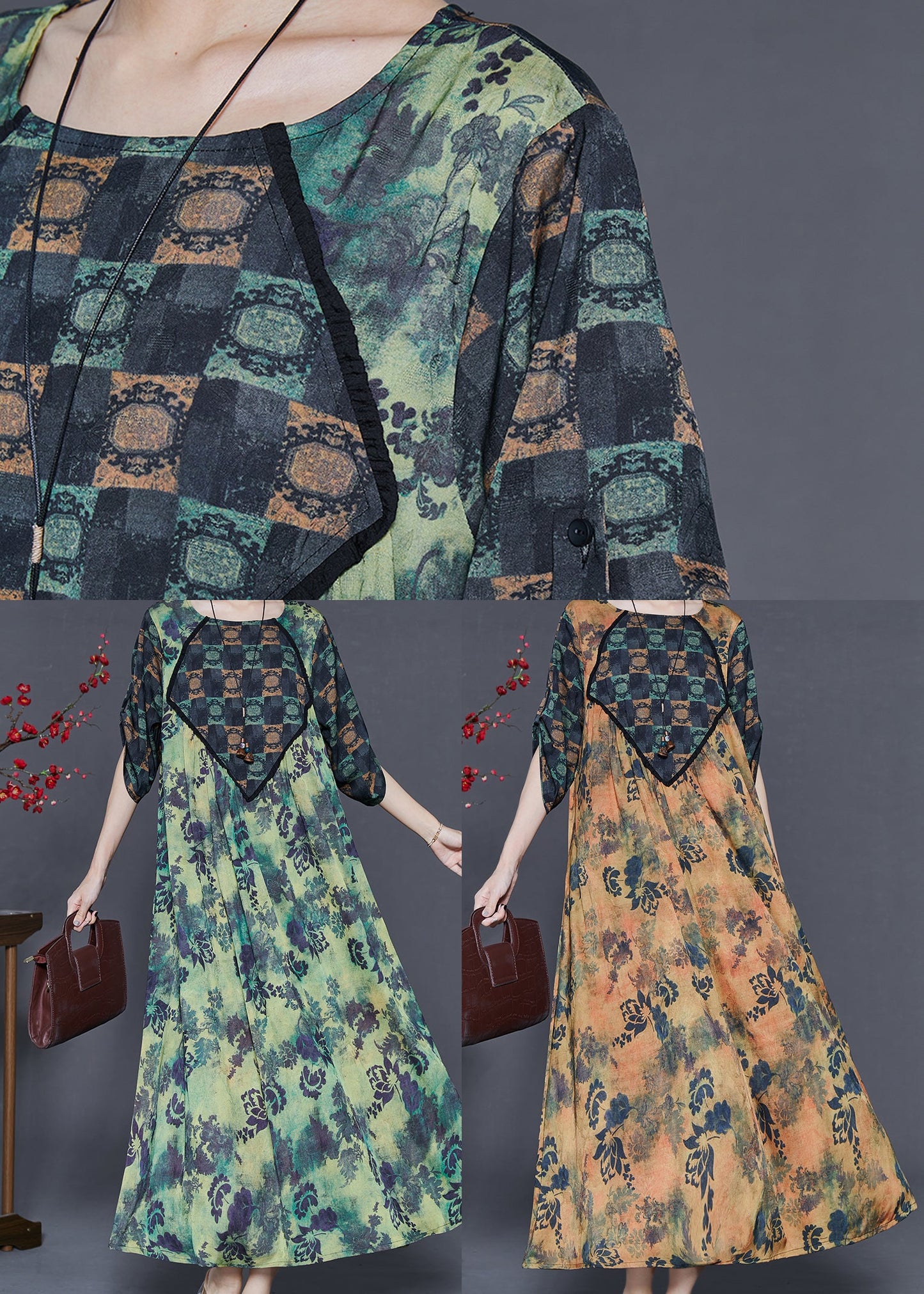 Green Oversized Print Silk Dresses Spring