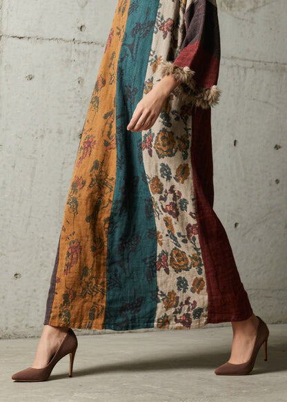 Boutique Colorblock Print Fuzzy Fur Patchwork Cotton Dress Fall