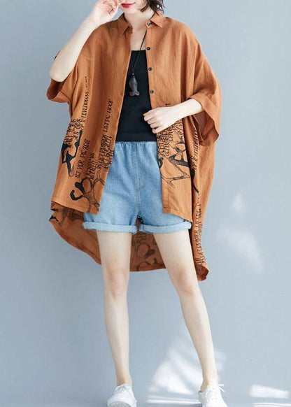 Brown Graphic Low High Design Cotton Summer Shirt Tops