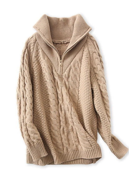 French Khaki Warm Patchwork Knit Pullover Spring