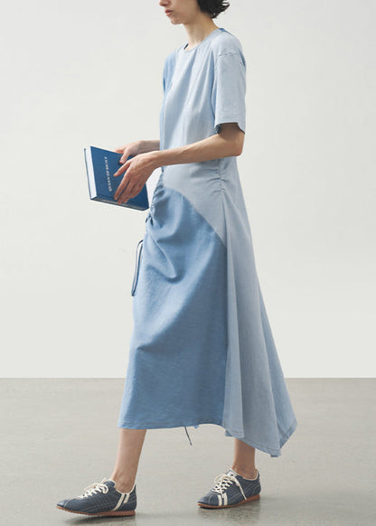 Stylish Light Blue O Neck Drawstring Patchwork Cotton Dress Summer