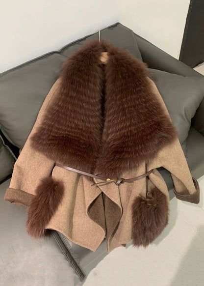 Stylish Black Fur Collar Patchwork Leather and Fur Coats Winter