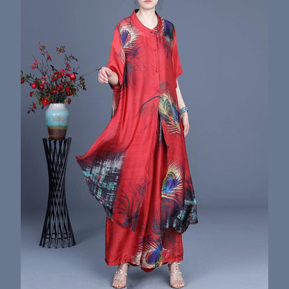 Summer Loose Silk Red Print Coat + Two Piece Pants