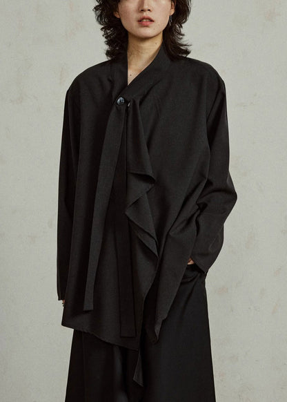 French Black V Neck Shirts Long Sleeve