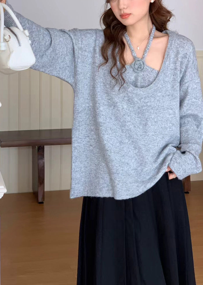 Grey Halter Knit Pullover Two Piece Set Winter
