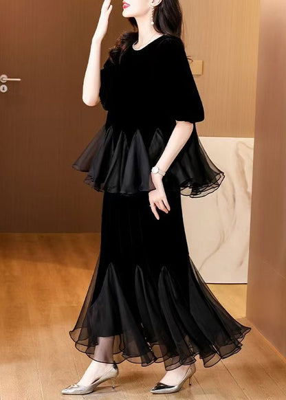 Black Pearl Tulle Patchwork Silk Velvet Two Pieces Set Summer