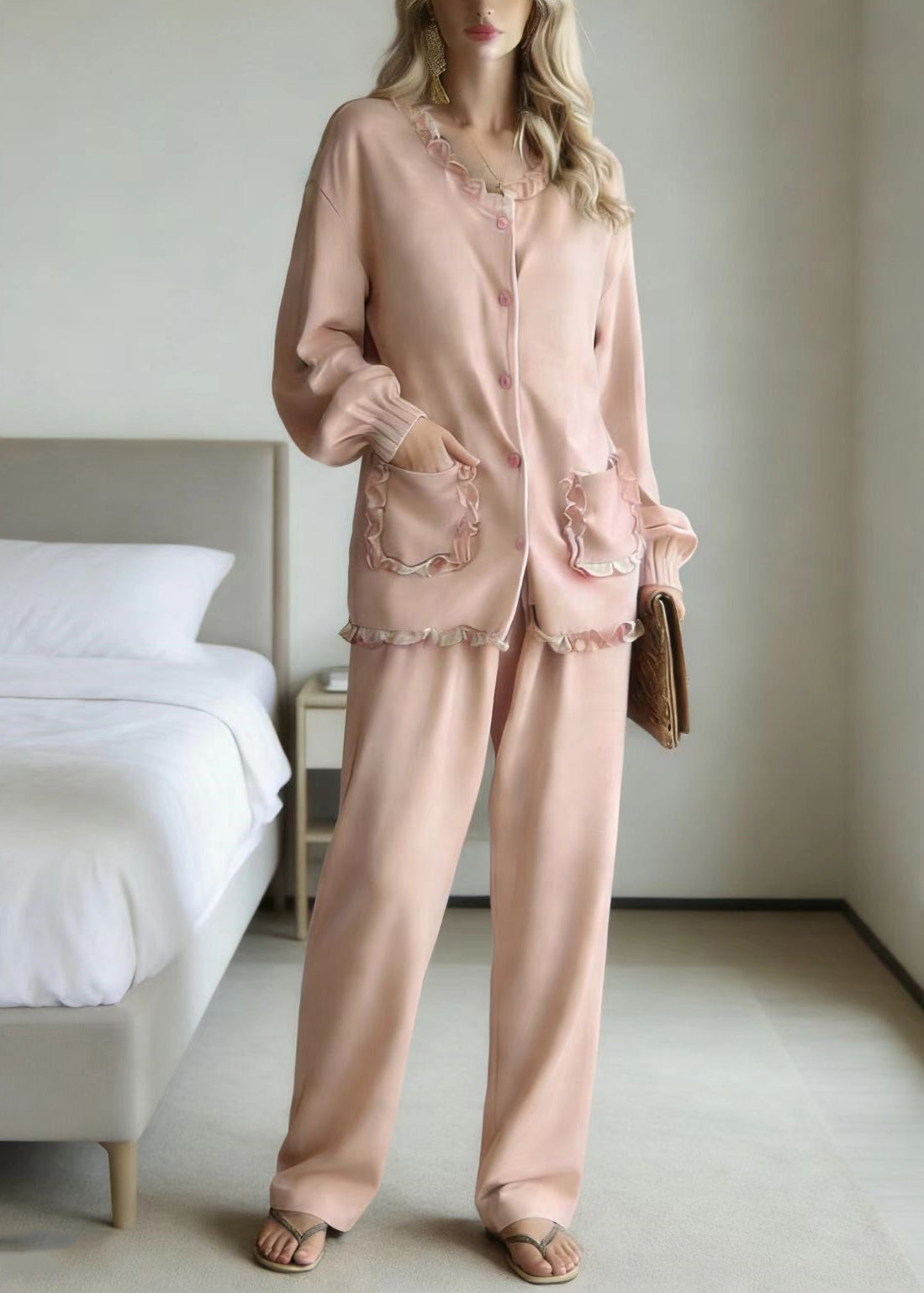 Pink Ruffled Patchwork Pajamas Two Piece Set Long Sleeve