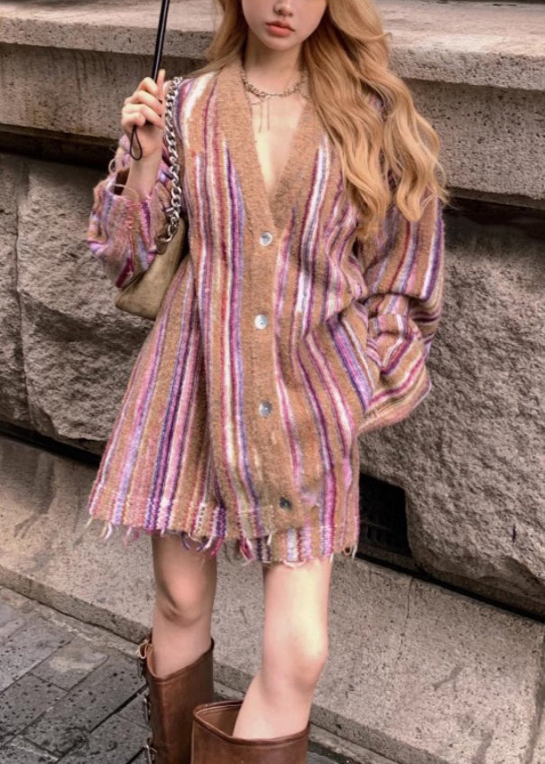 Loose Striped Button Cardigan and Shorts Cotton Knit Two Pieces Set Fall