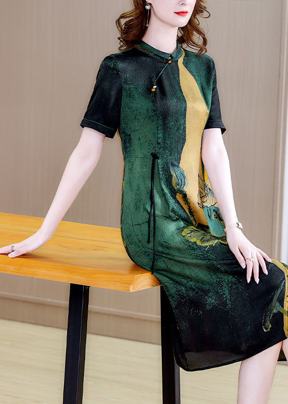 Blackish Green Stand Collar Print Silk Cheongsam Dress Short Sleeve