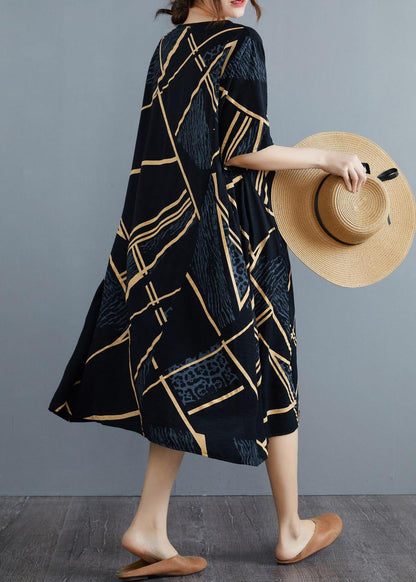 French Black Print Half Sleeve Maxi Summer Cotton Linen Dress