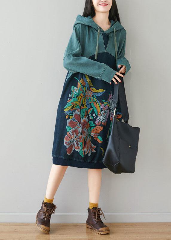 Blue Hooded Pockets Drawstring Print Fall Sweatshirts Dress