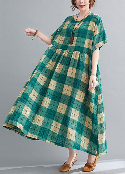 Loose Green Plaid Wrinkled Patchwork Long Dresses Summer