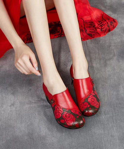 Handmade Embossed Splicing Chunky High Heels Red Cowhide Leather