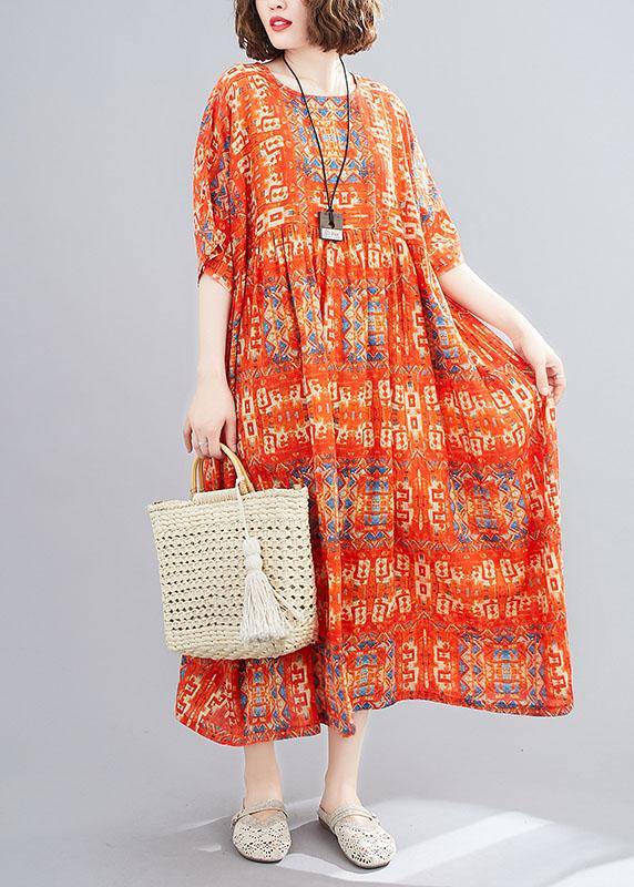 Red Pockets Print Holiday Dress O Neck Cotton Dress