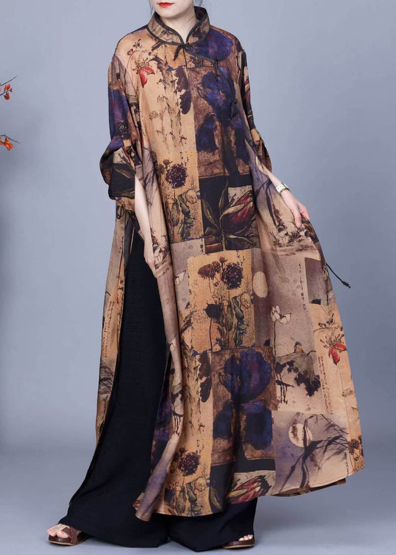 Stand Collar Print Side Open Silk Two Pieces Set Winter