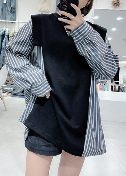 Black O-neck Striped Patchwork Sweatshirts Spring