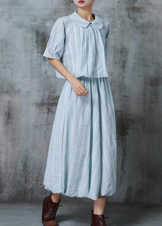 Blue Peter Pan Collar Wrinkled Cotton Two Pieces Set Summer