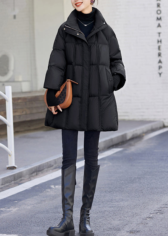 Black Stand Collar Drawstring Duck Down Puffer Jacket Winter
