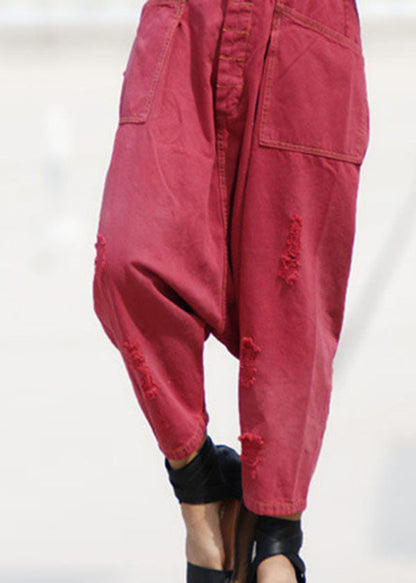 Red Pockets Patchwork Denim Harem Crop Pants Spring