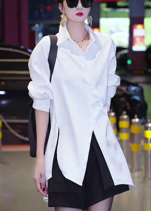 White Asymmetrical Button Cotton Blouses Fall