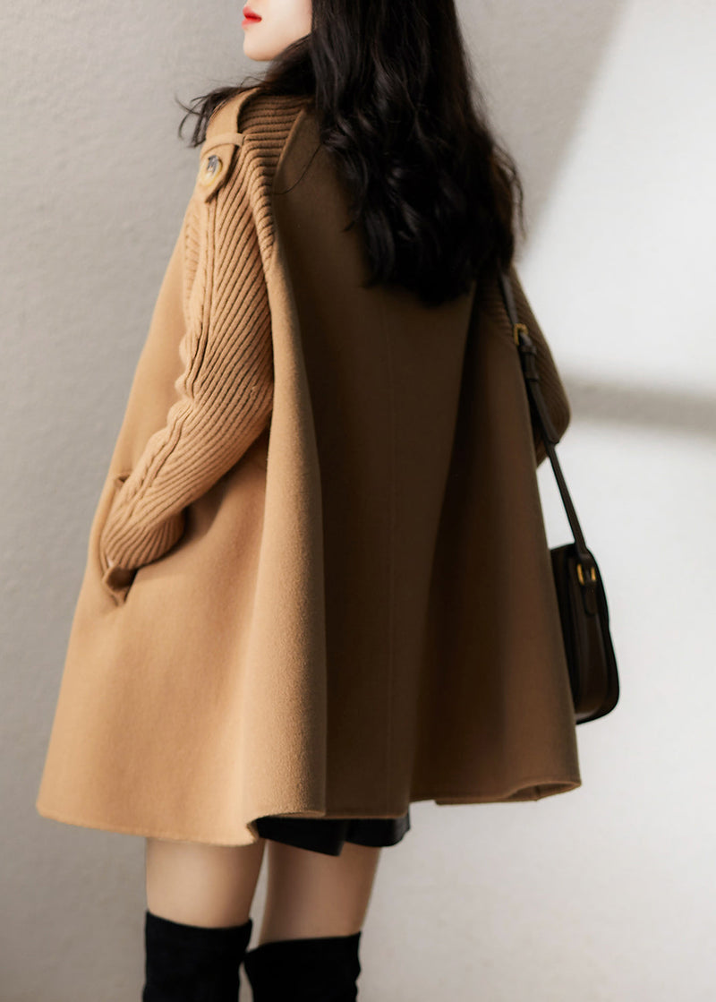 Camel Knitted Patchwork Woolen Coat Double Breast Spring