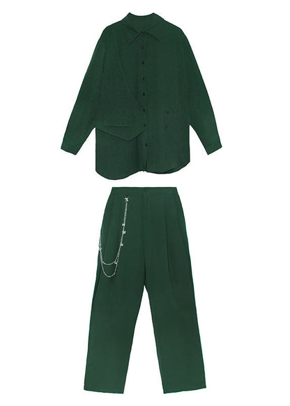 Modern Green Peter Pan Collar Button Asymmetrical Design Fall Two Piece Set