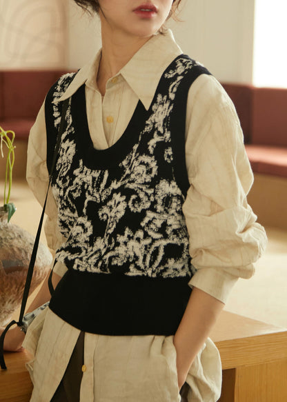 Black White Print U Neck Knitted Cotton Sweaters Waistcoat Sleeveless