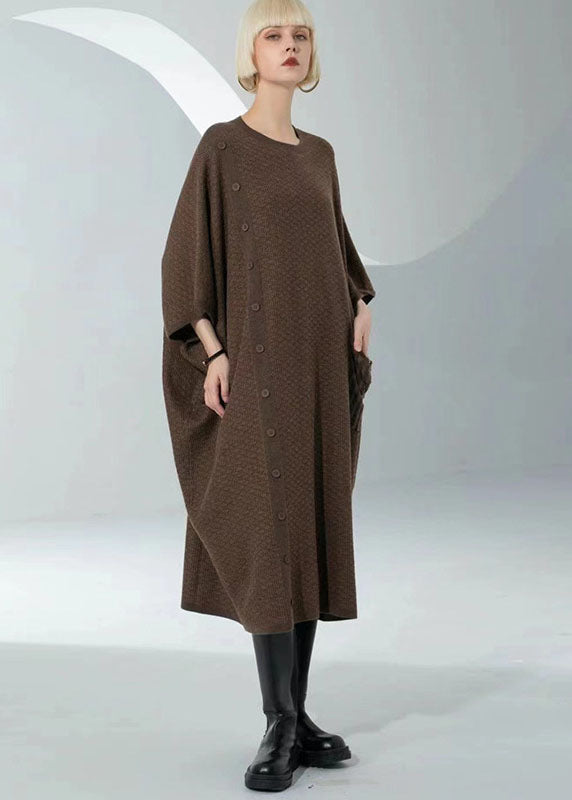 Boutique Chocolate O-neck Patchwork Button Long Wool Knit Dress Bracelet Sleeve