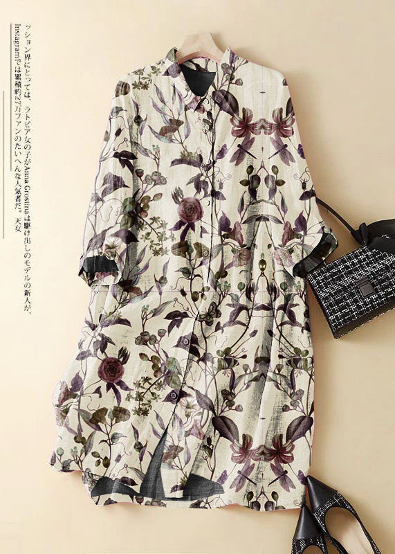Blue Cashew Nuts Embroidered Patchwork Linen Shirt Dress Summer