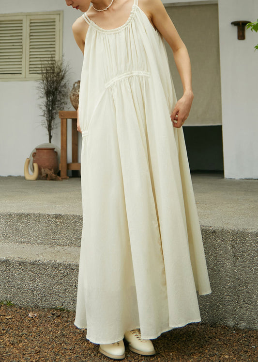 Beige O-neck Wrinkled Cotton Maxi Spaghetti Strap Dress Sleeveless