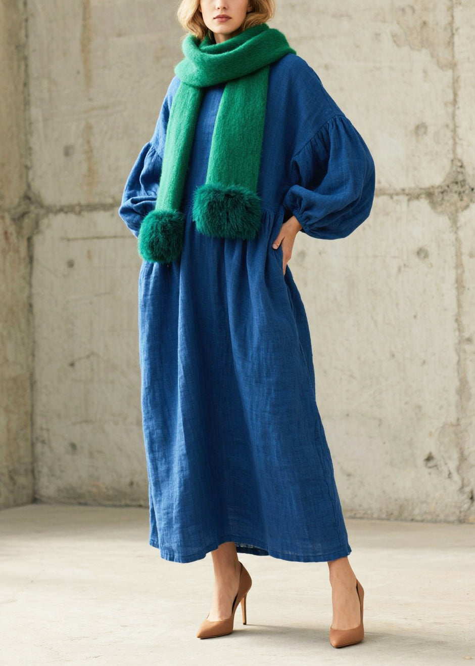 Blue Oversized Cotton Ankle Dress Lantern Sleeve