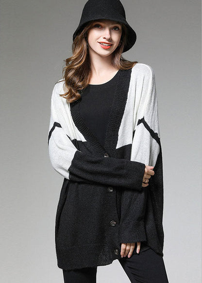 Colorblock Button V Neck Knit Fall Loose Short Cardigans