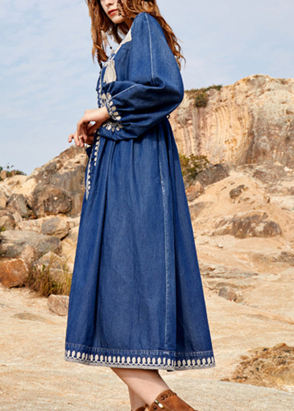 Navy V Neck Embroidered Patchwork Denim Maxi Dresses Spring
