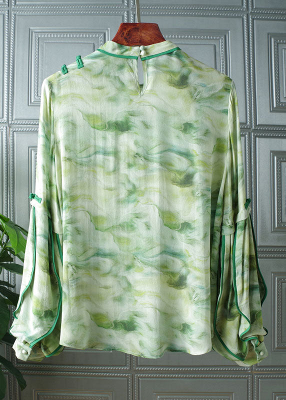 Art Light Green Stand Collar Button Print Patchwork Silk Tops Spring