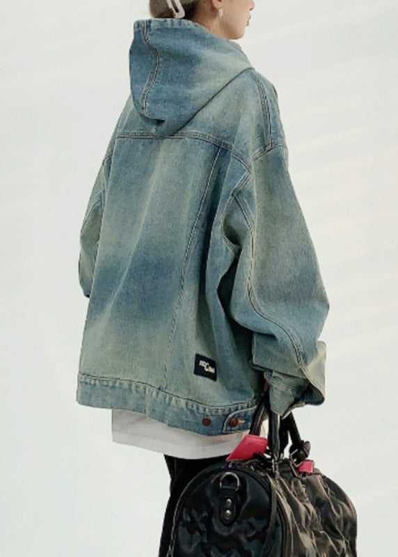 Denim Blue Patchwork Embroidered Hooded Coat Fall