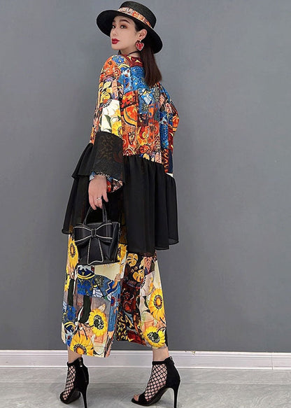 Colorblock Asymmetrical Print Tulle Patchwork Tops and Pants Two Piece Set Clothing Long Sleeve