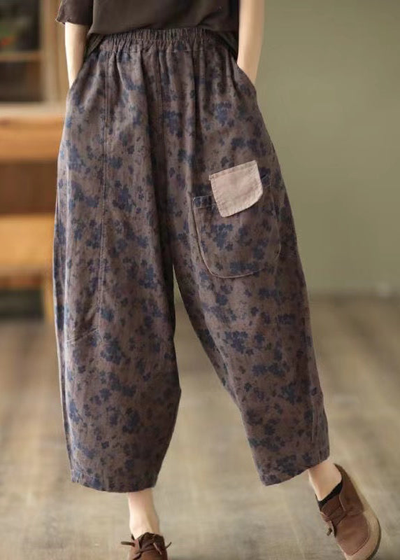 Grey Black Pockets Print Elastic Waist Linen Pants Spring