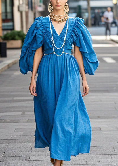Royal Blue V Neck Wrinkled Cotton Dress Butterfly Sleeve