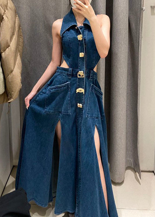 Blue Peter Pan Collar Patchwork Pockets Hollow Out Denim Long Dresses Summer