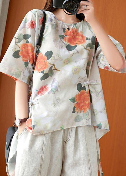 Fine Print Low High Design Oriental Linen Summer Blouse Top