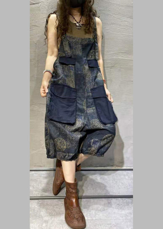 Blue Print Oversized Pockets Patchwork Cotton Denim Jumpsuit Summer