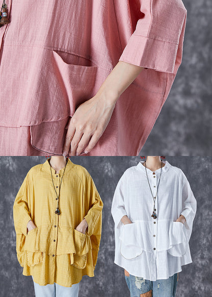 White Stand Collar Patchwork Linen Shirt Tops Batwing Sleeve