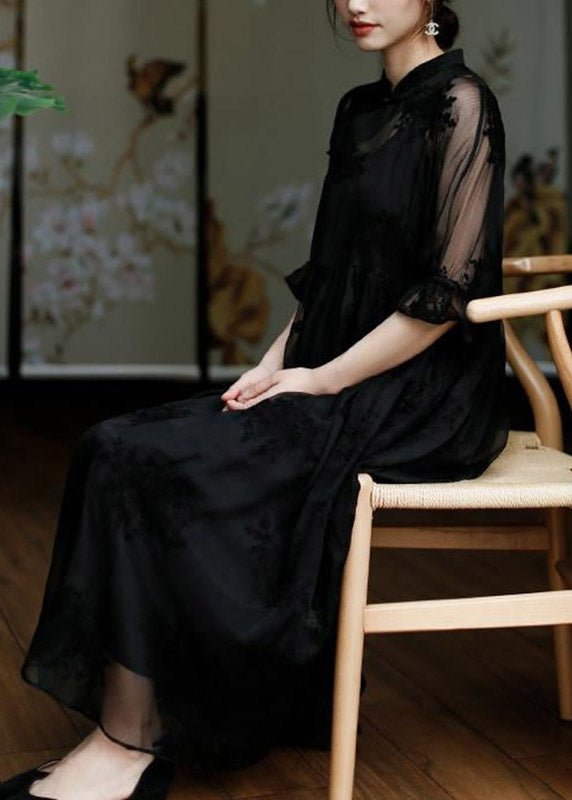 Natural Black Stand Collar Embroideried Button Tulle Long Dress Half Sleeve